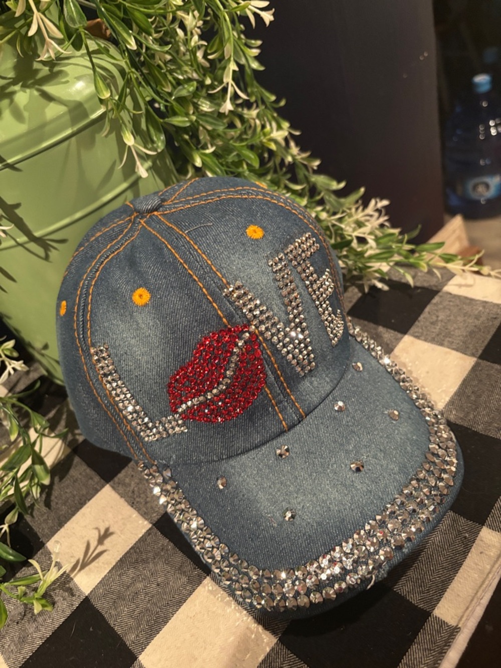 Rhinestone Denim 'LOVE' Cap with Red Lip Detail - Picture 3 of 8